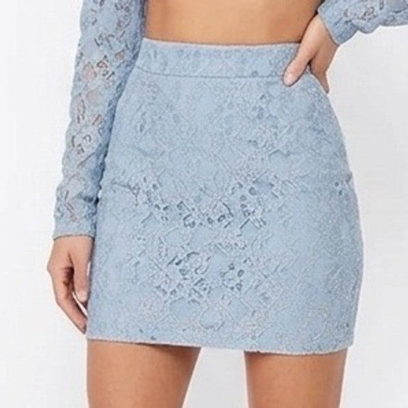 Naked Wardrobe Light Blue Floral Lace Mini Skirt High Waist M