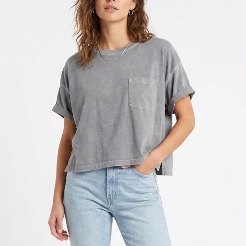 Old Navy Womens Gray Boxy Cropped Pocket T-Shirt Size L Relaxed Cotton Modal