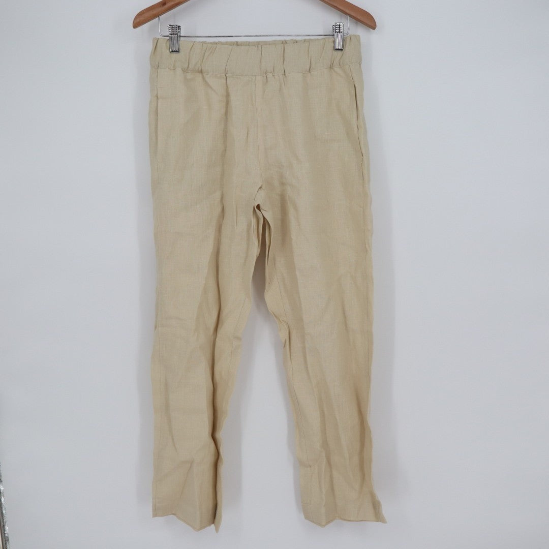 American Giant Linen Pants Womens S Beige Slash Pockets Wide Leg Elastic Waist