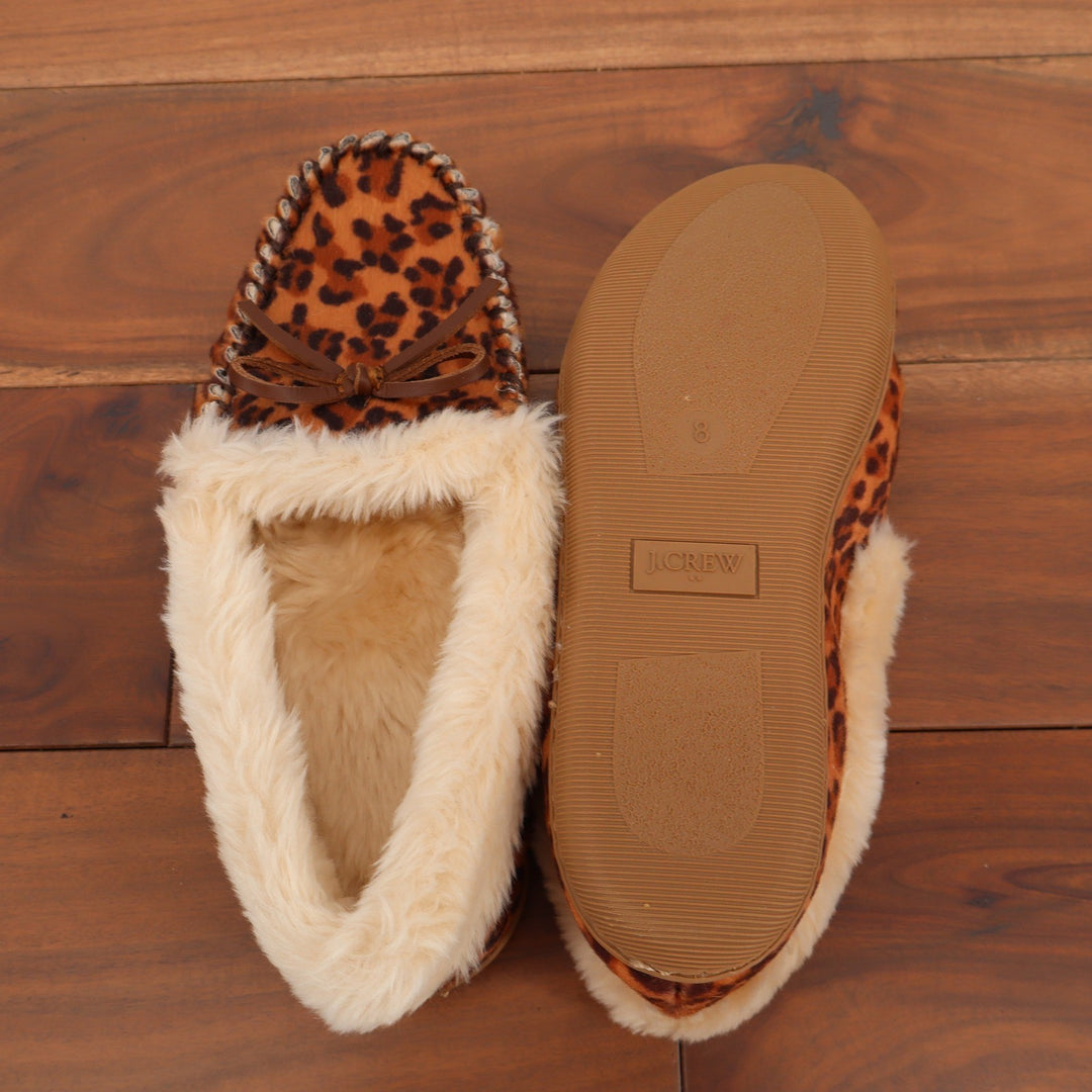 J.Crew Womens Leopard Print Faux Fur Lined Moccasin Slippers Brown Size 8