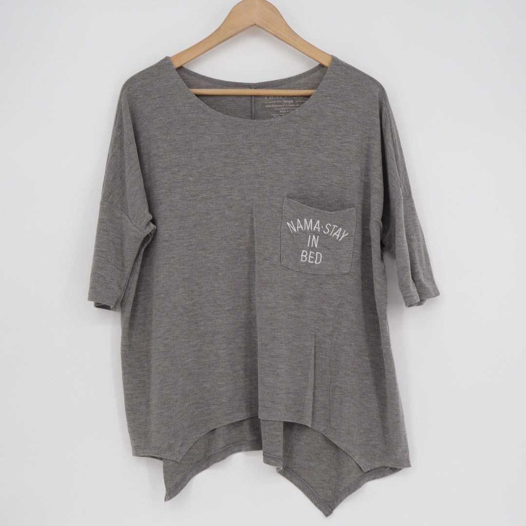 Fifth Sun Womens Gray Nama-Stay In Bed Graphic Pocket Sharkbite Top Size L