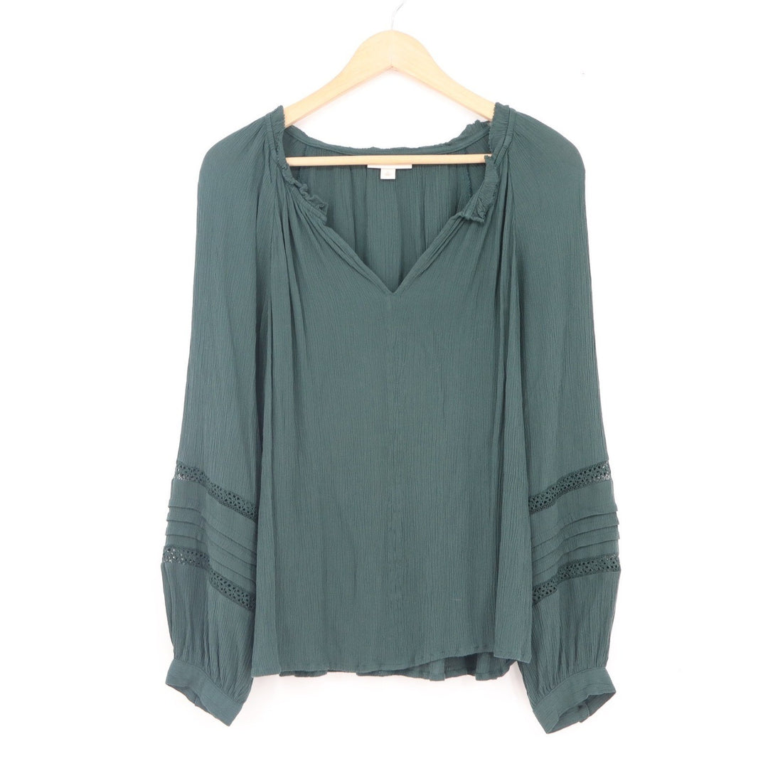 Knox Rose Forest Green Boho Crochet Lace Long Sleeve Blouse Small