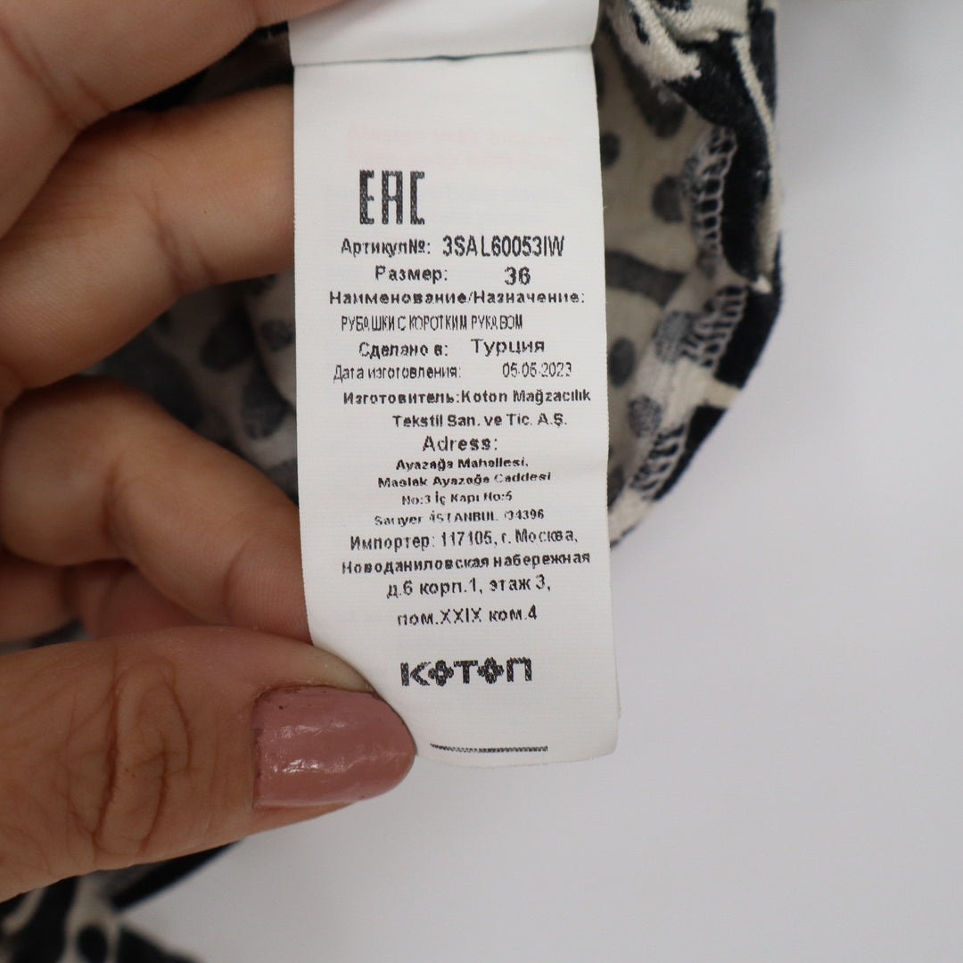 Koton Black White Linen Blend Block Print Tie Front Crop Top Size 36