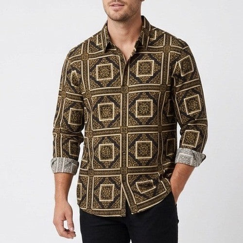 Level Ten Shirt Mens M Black Gold Patterned Long Sleeve Spread Collar Button Up