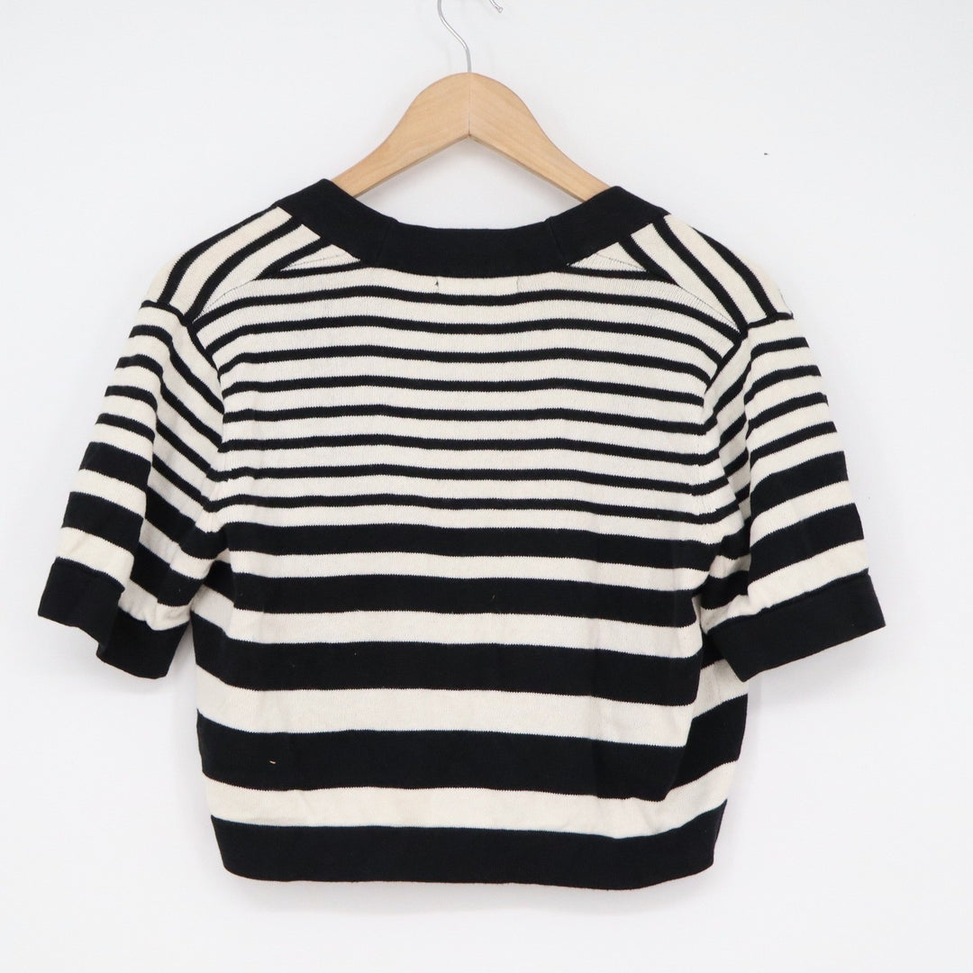 R&K Black White Striped Cropped Cardigan Short Sleeve Cotton Knit Sweater M