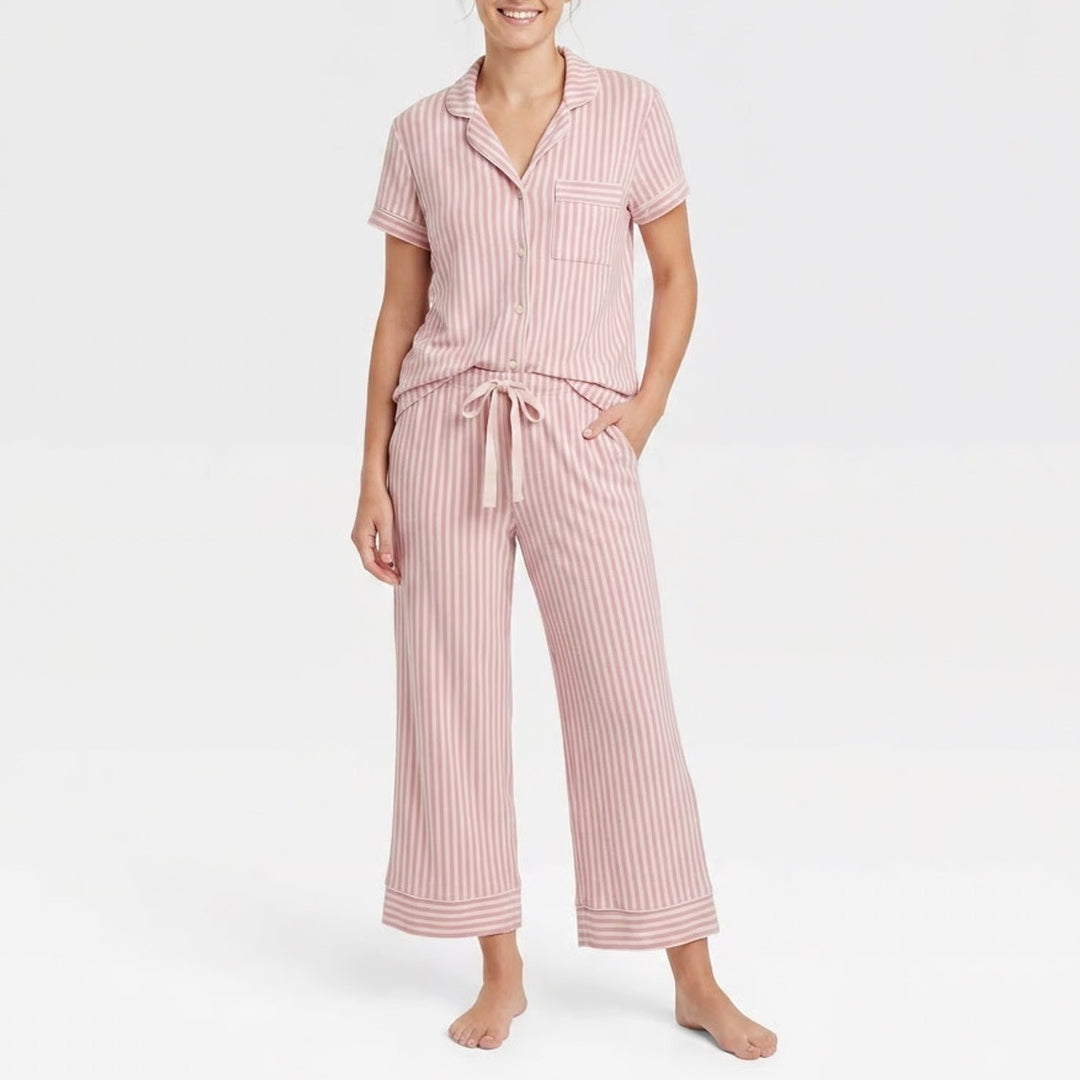 Stars Above Pink Striped Pajama Set Short Sleeve Top Cropped Pants Medium