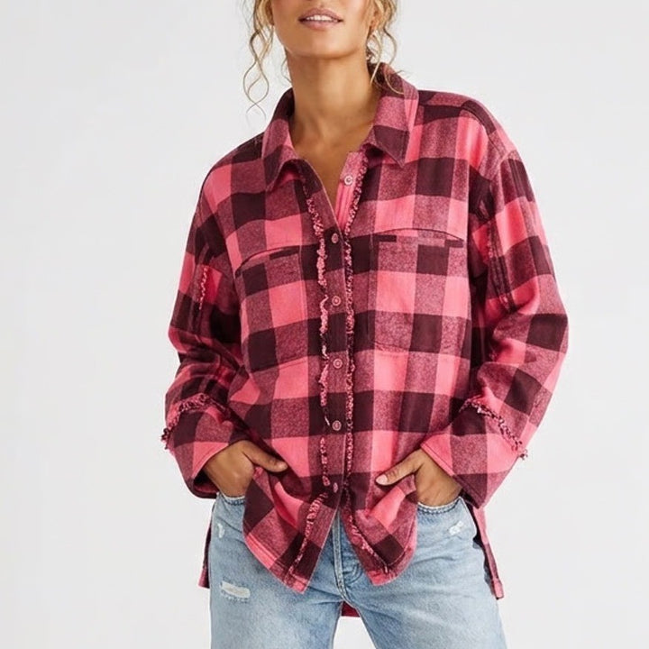 We The Free Button-Down Womens XS Distressed Plaid Pink Frayed Cotton Excellent