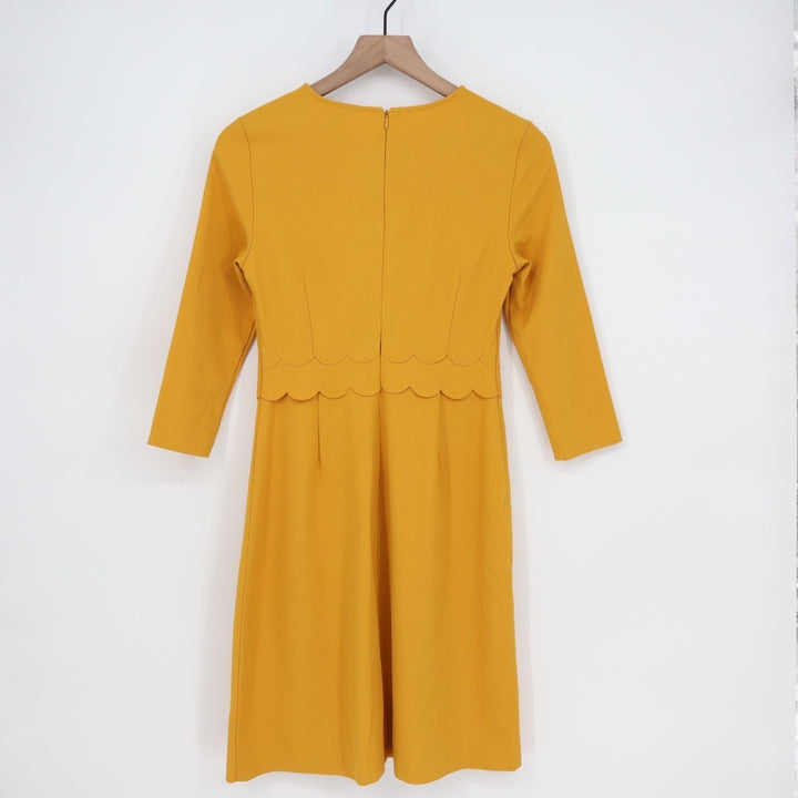 Banana Republic Fit & Flare Dress Womens 0 Yellow Stretch Scalloped 3/4 Sleeve