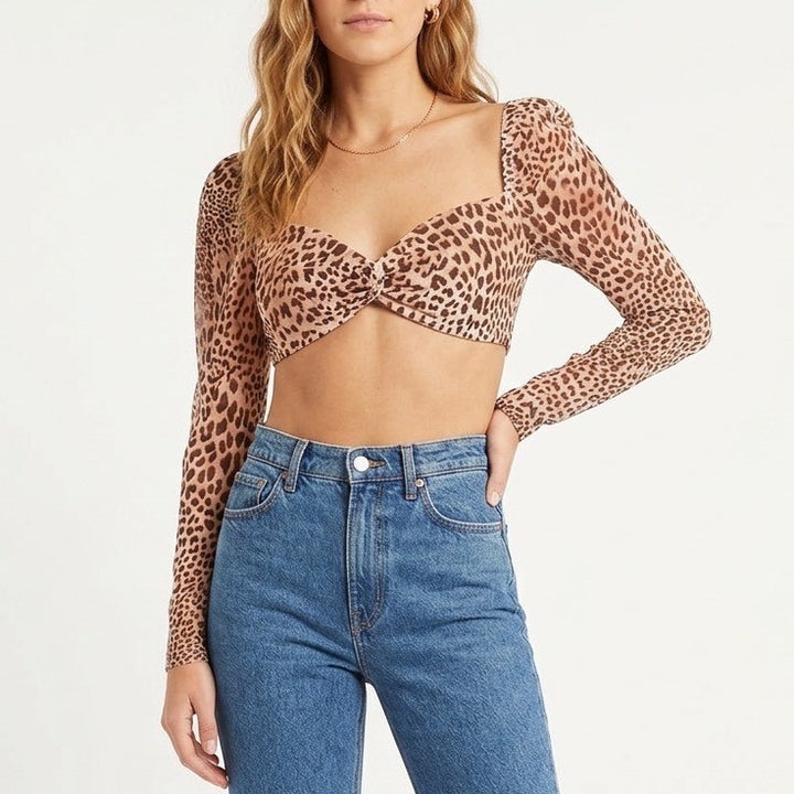 Naked Wardrobe The Statement Leopard Print Crop Top Long Sleeve Brown M