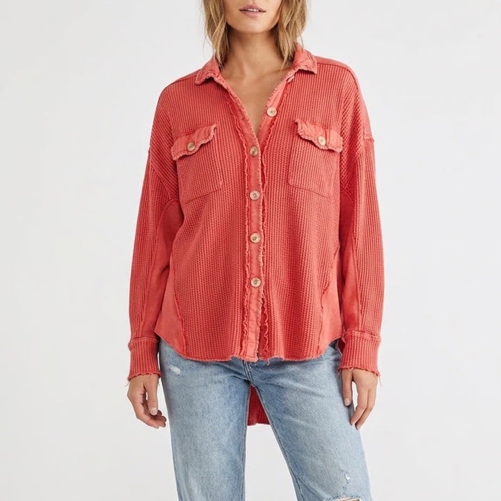 Free People One Scout Jacket Womens Small Red Cotton Waffle Knit Long Sleeve