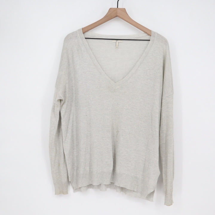 Joie V Neck Metallic Knit Sweater Long Sleeve Casual Pullover Size L
