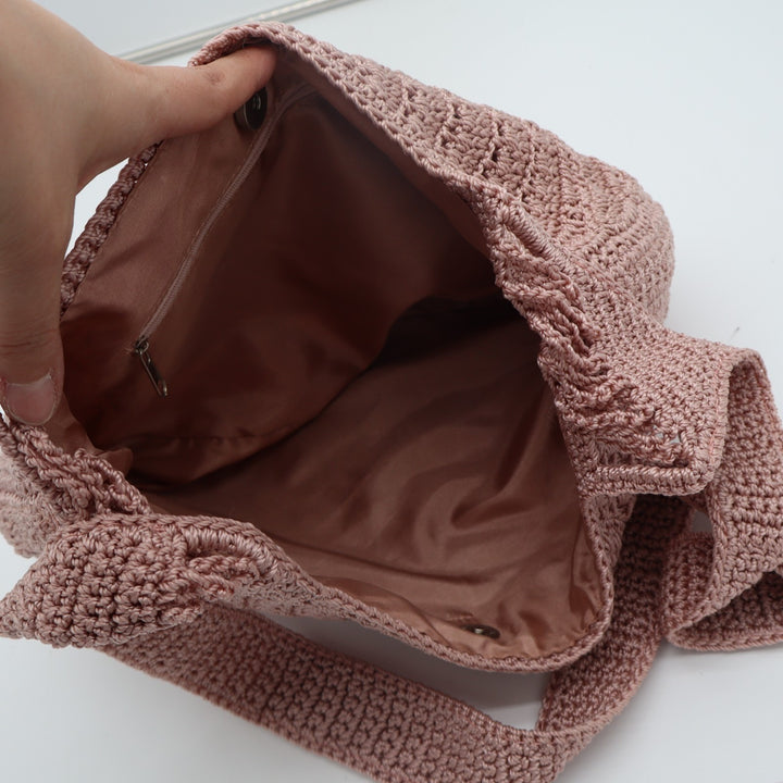 Womens Handbag Mauve Pink Crochet Knit Lined Boho Single Strap Shoulder Bag