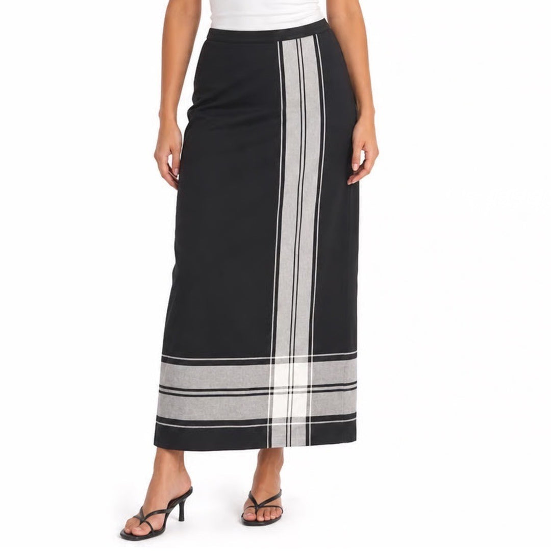 Liz Claiborne Lizsport Black Striped Viscose Wool Maxi Skirt Size 12 Career 90s