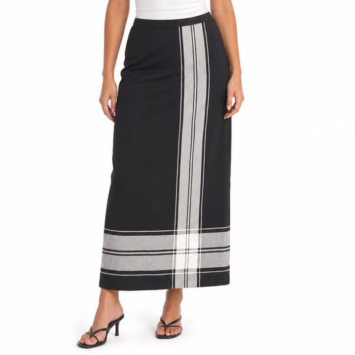 Liz Claiborne Lizsport Black Striped Viscose Wool Maxi Skirt Size 12 Career 90s