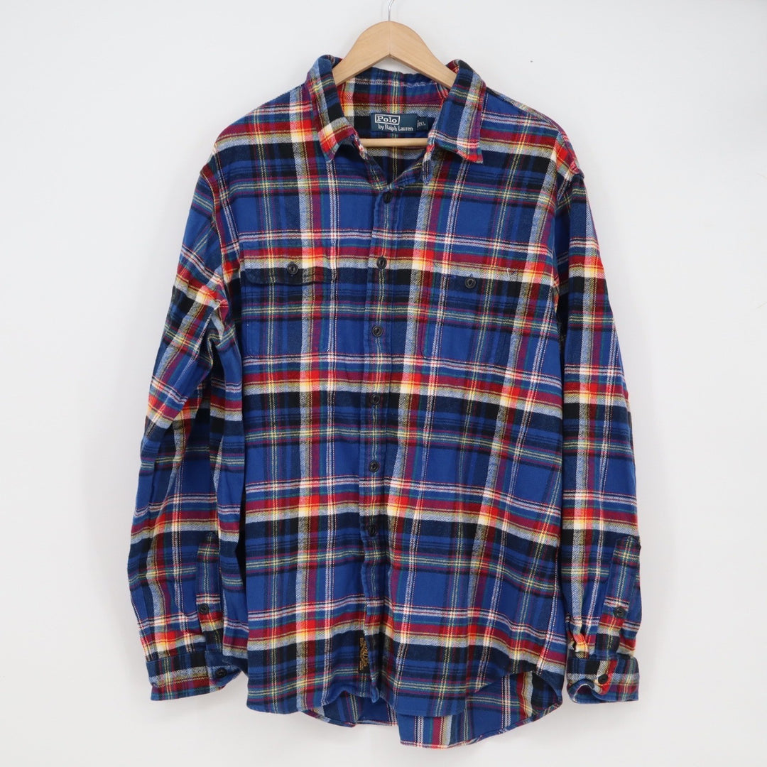 Polo Ralph Lauren Mens XXL Blue Plaid Flannel Button Down Mountain Skiing Shirt