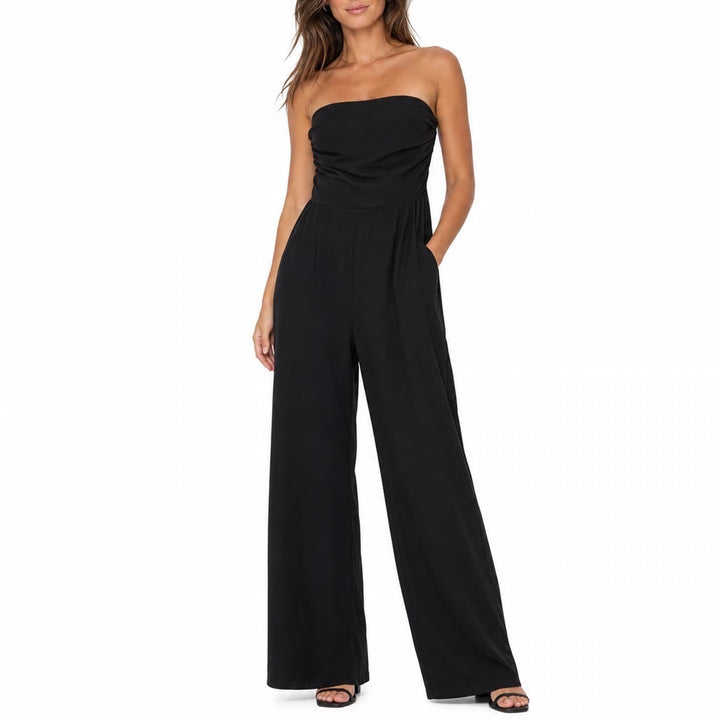 Black Strapless Wide Leg Jumpsuit Ruched Tube Top with Pockets Large