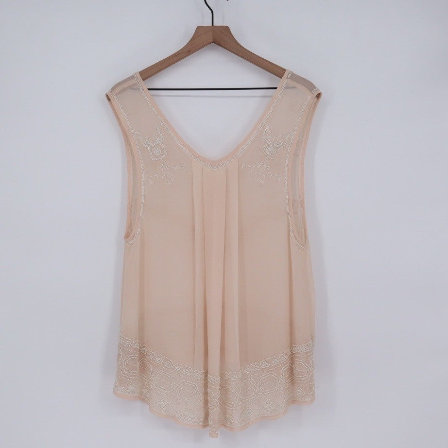 Free People Beaded V Neck Sleeveless Sheer Blouse Peach M