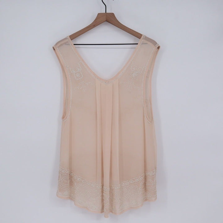 Free People Beaded V Neck Sleeveless Sheer Blouse Peach M