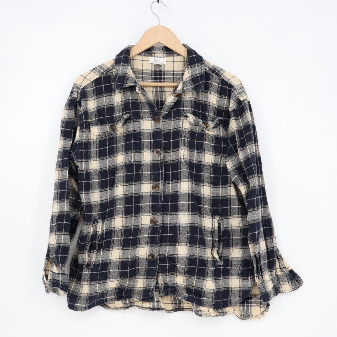 Japna Flannel Jacket Women Large Black Gray Plaid Cotton Spread Collar Button Up