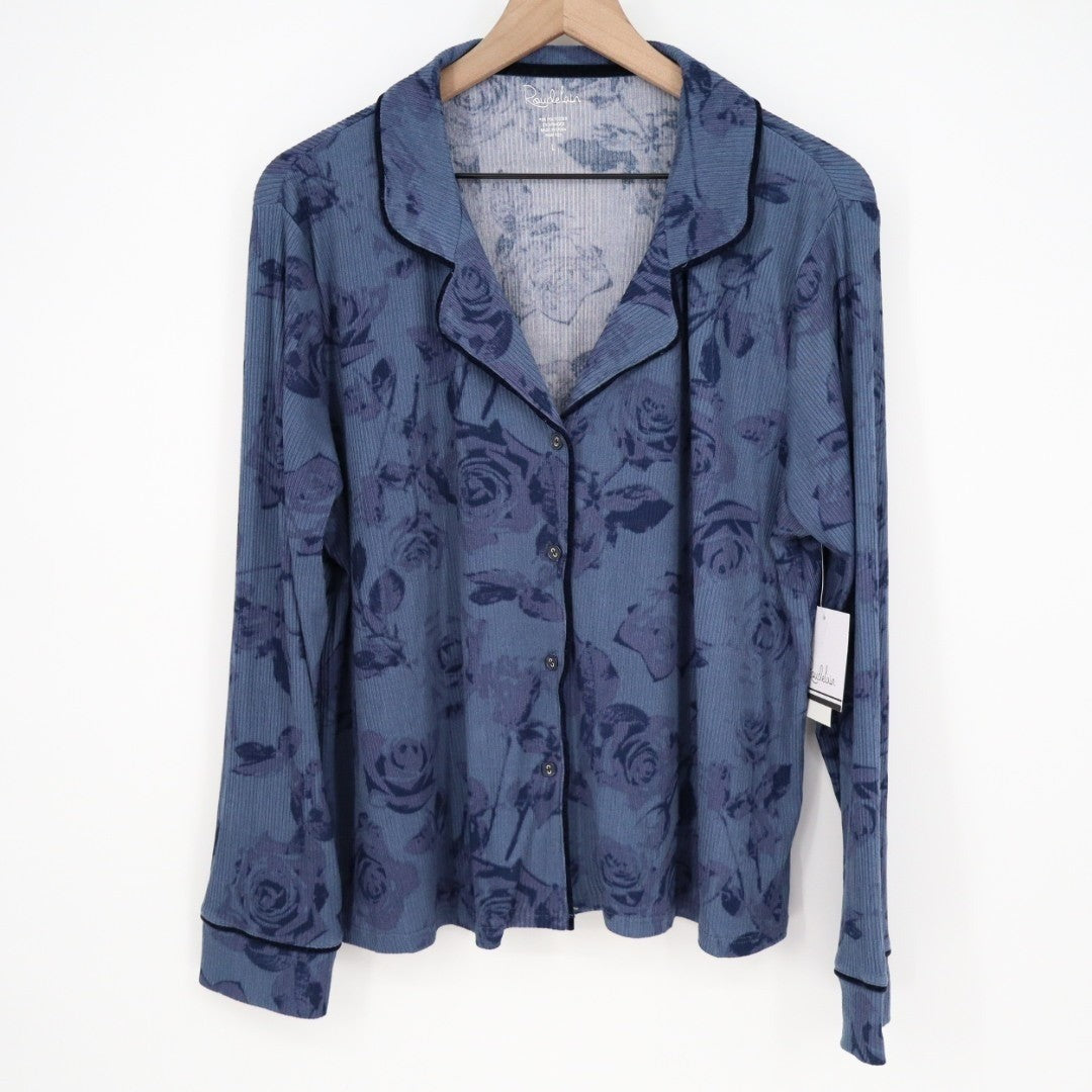 Roudelain Pajama Shirt Womens Large Blue Floral Ribbed Stretch Lapel Collar