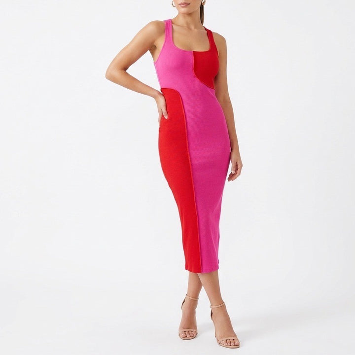 Naked Wardrobe Pink Red Colorblock Ribbed Midi Bodycon Dress XS