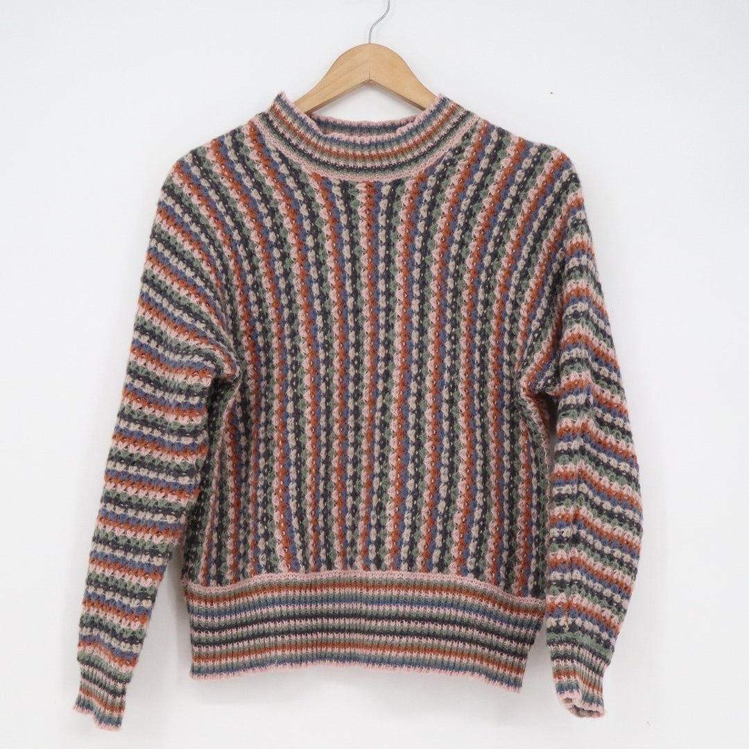 Hem & Thread Multi Color Striped Pointelle Knit Crew Neck Sweater Small