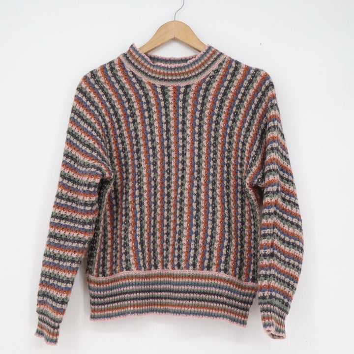 Hem & Thread Multi Color Striped Pointelle Knit Crew Neck Sweater Small