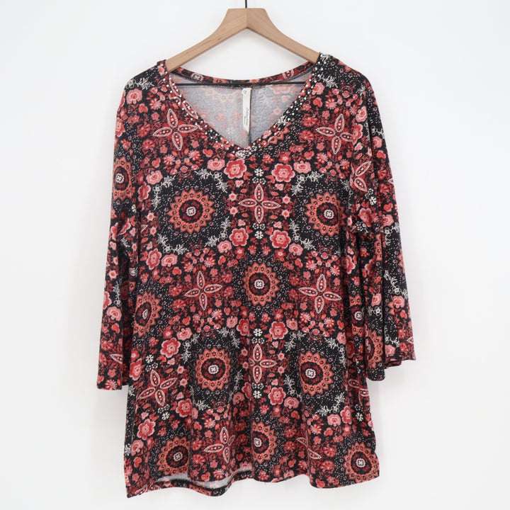 NY Collection Top Women 2X Red Black Mandala Floral Rhinestone