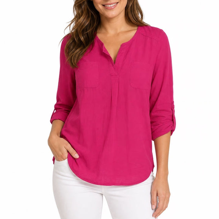 Max Studio Fuchsia Pink Linen Cotton Roll Tab Sleeve Tunic Blouse Small