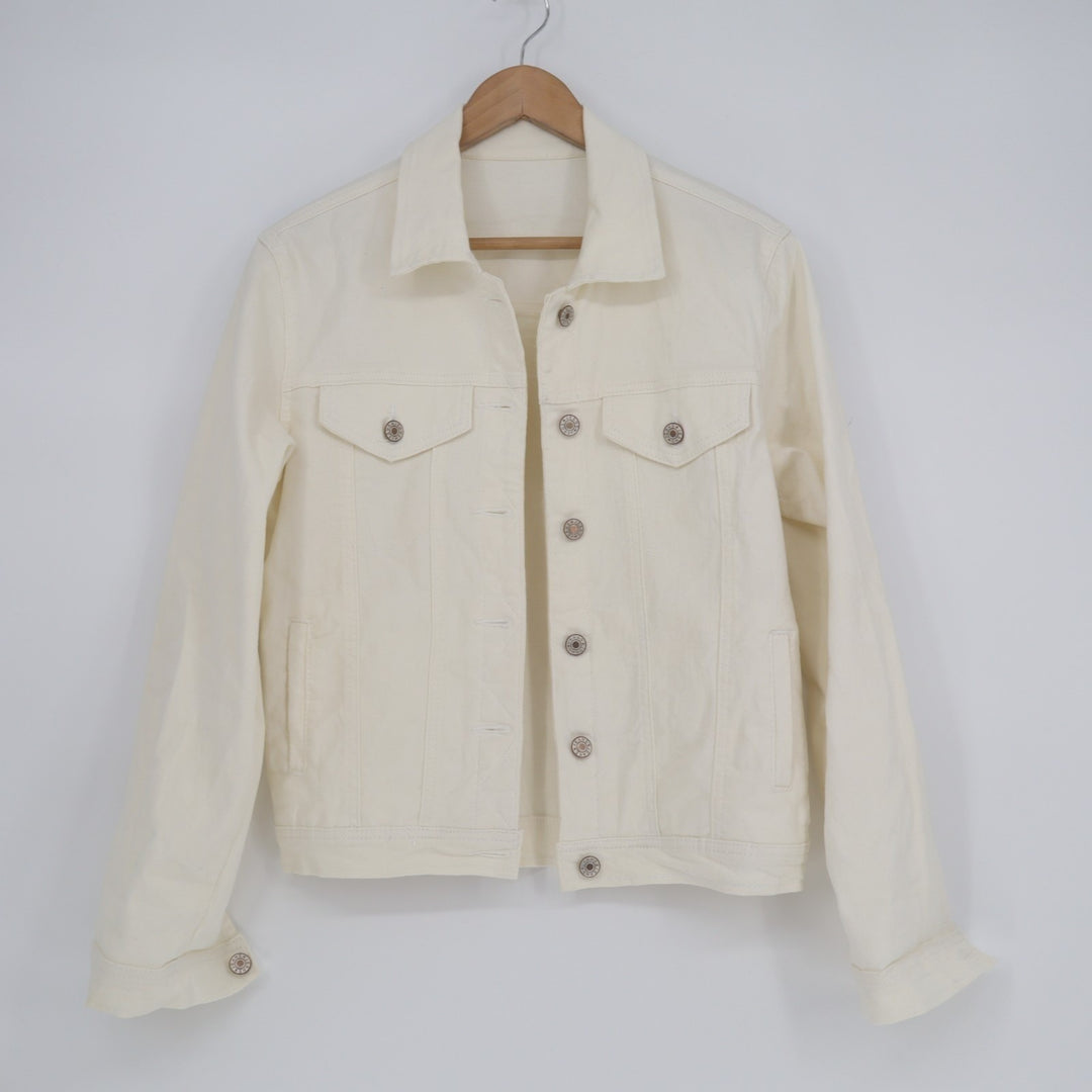 Trucker Jacket Women Medium White Denim Cotton Stretch Long Sleeve Spread Collar