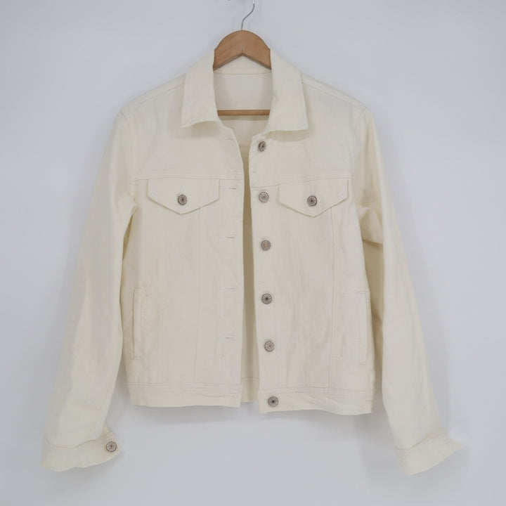 Trucker Jacket Women Medium White Denim Cotton Stretch Long Sleeve Spread Collar