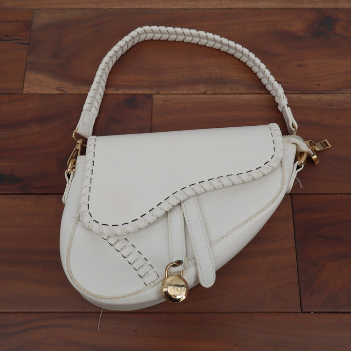 White Whipstitch Braided Saddle Shoulder Bag Gold Hardware