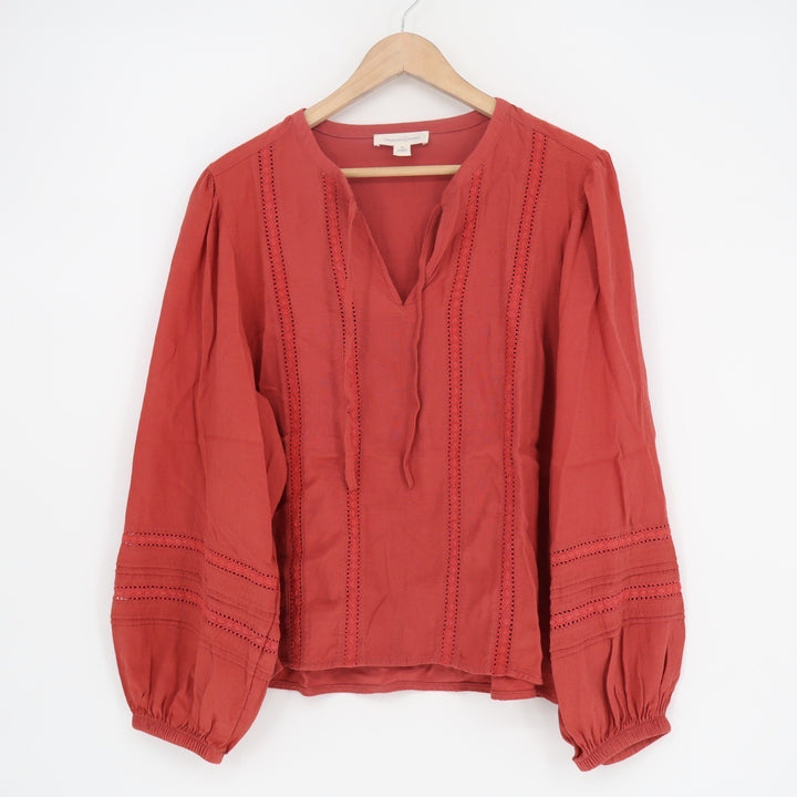 Treasure & Bond Tunic Top Women Medium Orange Balloon Sleeve Split Neck Pullover