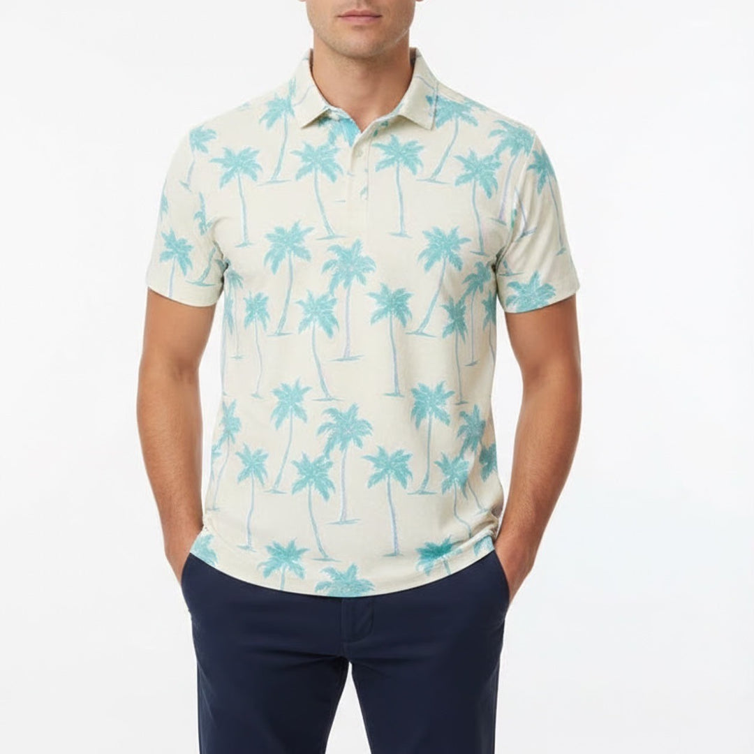 Bad Birdie Mens Small Palm Tree Tropical Golf Polo Shirt Cream Teal