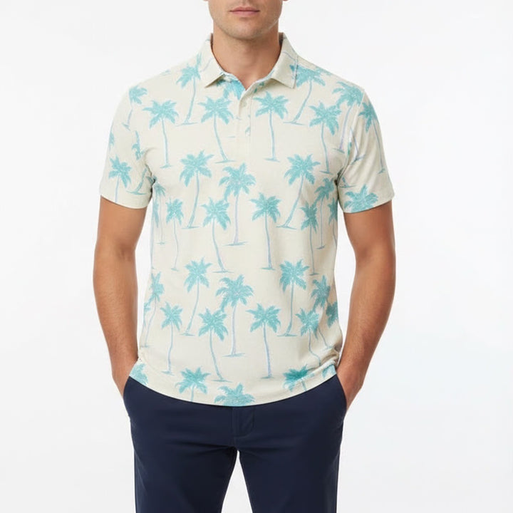 Bad Birdie Mens Small Palm Tree Tropical Golf Polo Shirt Cream Teal