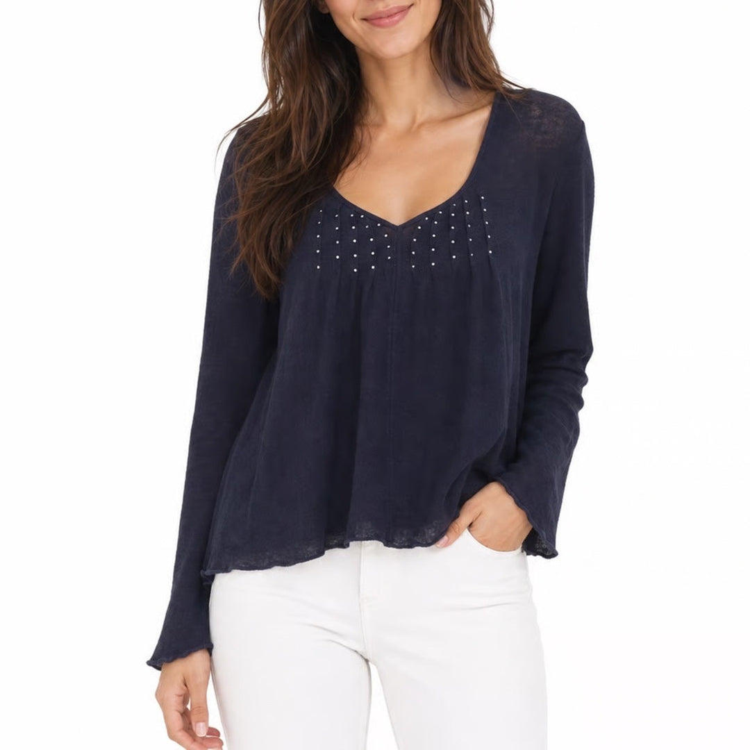 Free People Navy Blue Merino Wool Angora Embellished Babydoll Knit Top Medium