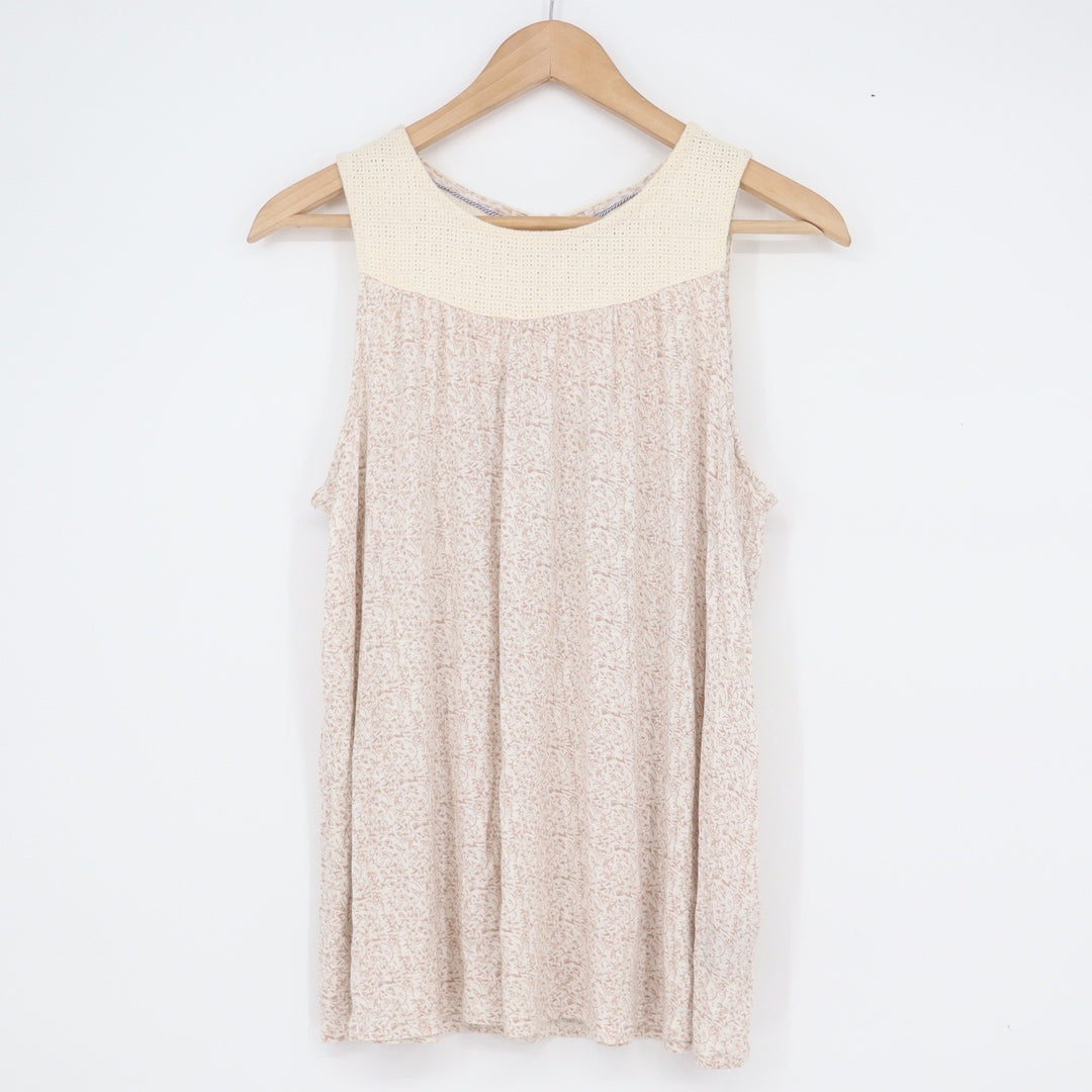 Max Jeans Womens Medium Beige Crochet Yoke Sleeveless Tank Top Keyhole Back