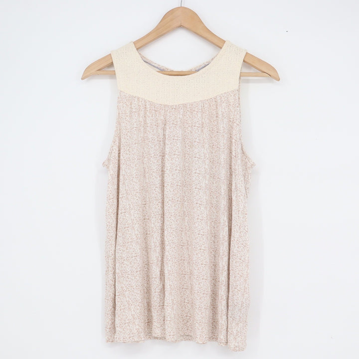 Max Jeans Womens Medium Beige Crochet Yoke Sleeveless Tank Top Keyhole Back