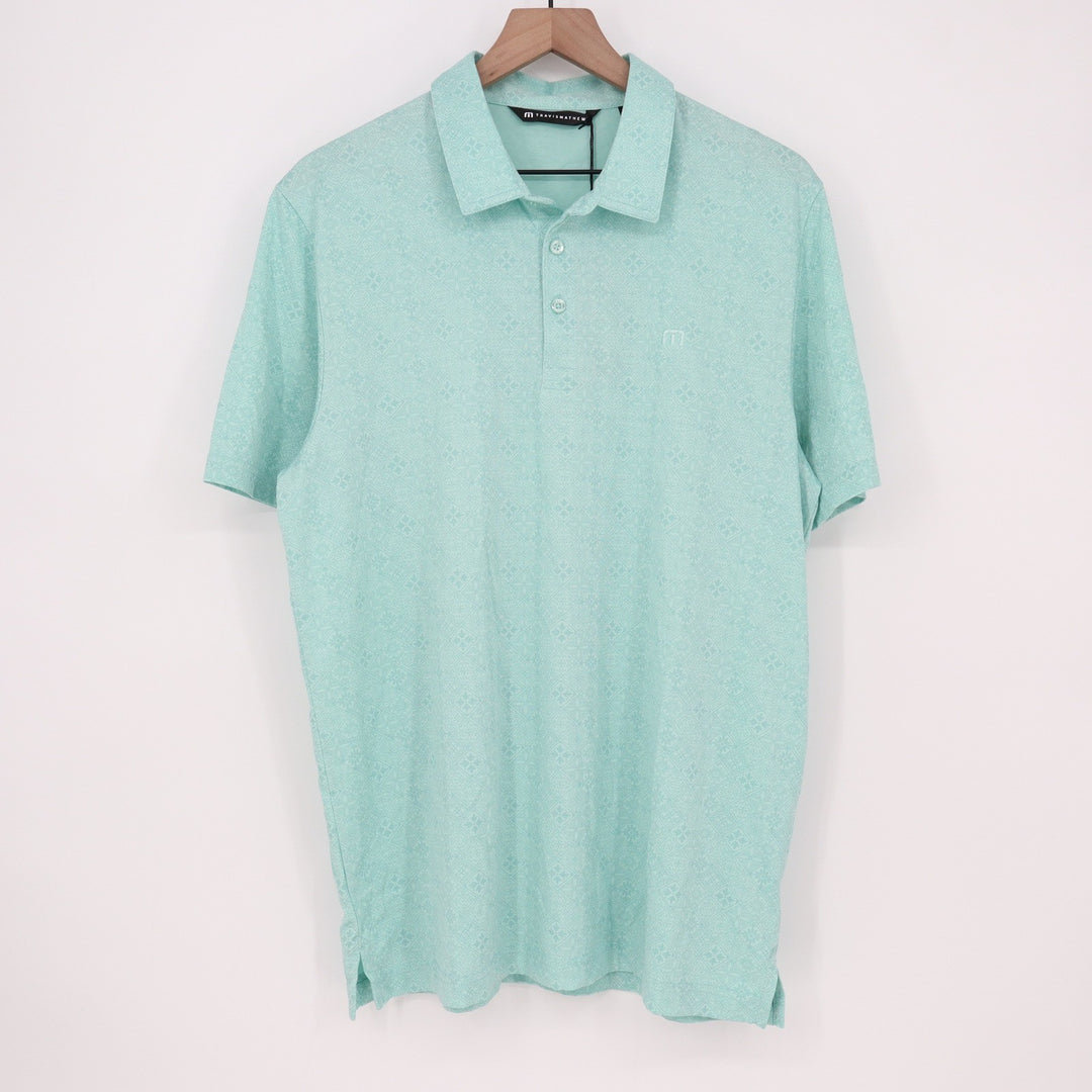 TravisMathew Acropolis Polo Shirt Mens Large Mint Green Geometric Tile