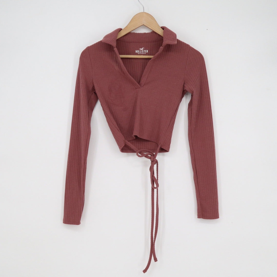 Hollister Womens XS Ribbed Long Sleeve Wrap Tie Crop Top Mauve Collared V-Neck