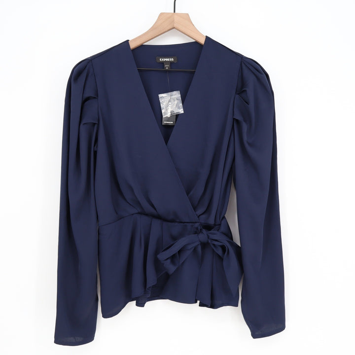 Express Navy Blue Puff Sleeve Wrap Blouse V-Neck Side Tie Peplum Top Medium NEW