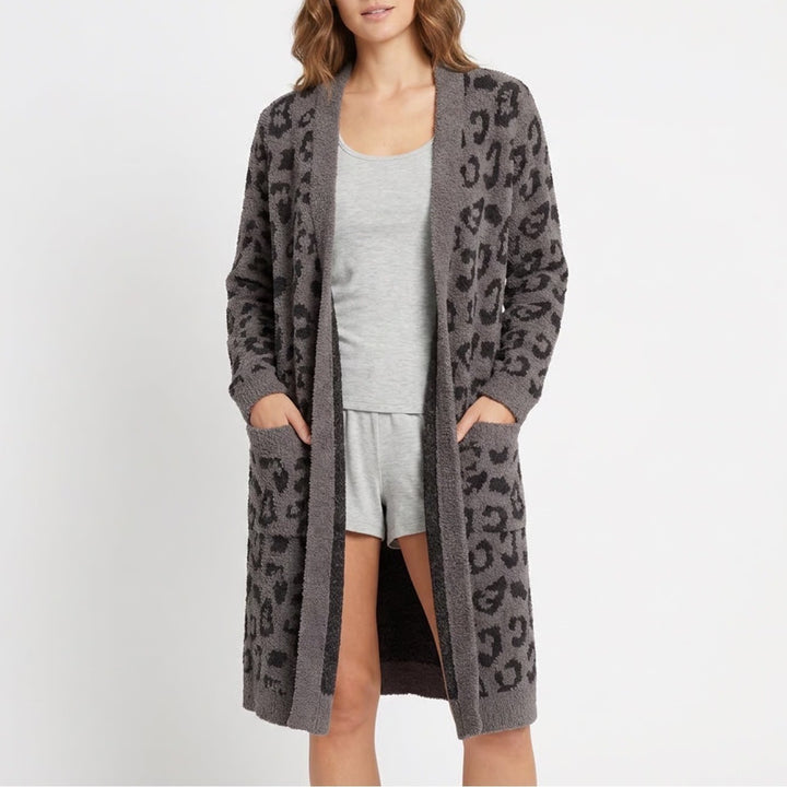 Barefoot Dreams CozyChic Leopard Cardigan Duster Charcoal Black M