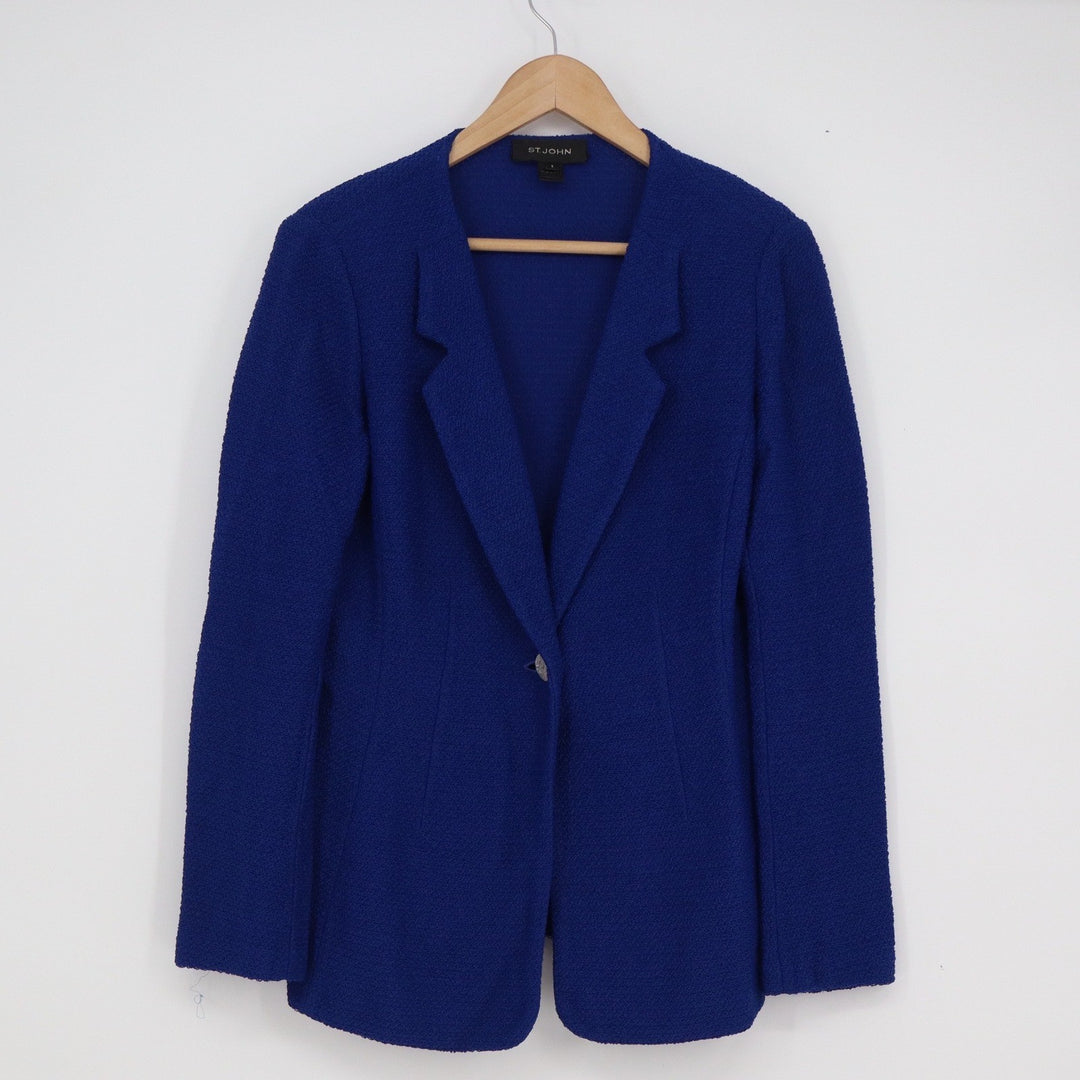 St. John Womens Cobalt Blue Textured Knit Single Button Blazer Jacket Size 8