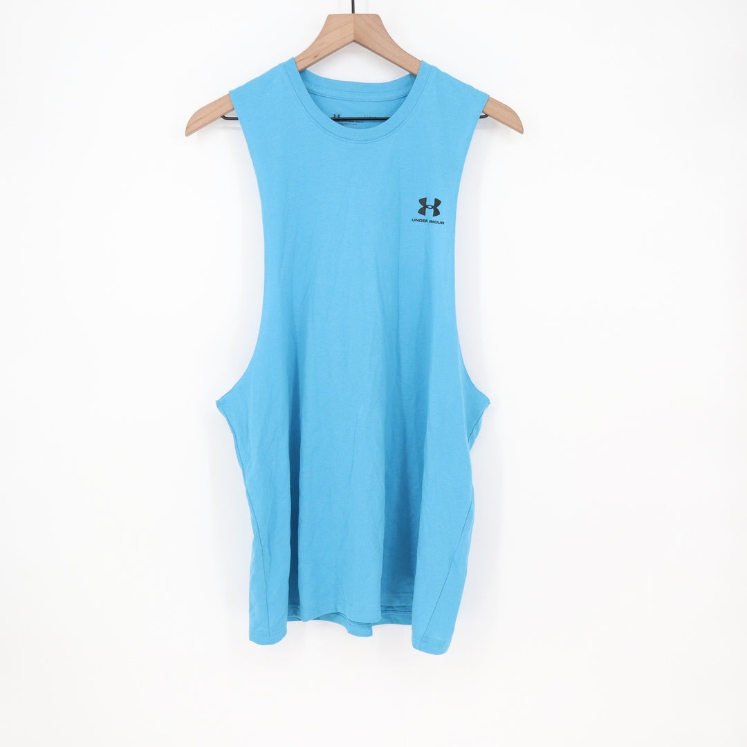 Under Armour Mens Left Chest Cut Off Tank Blue Sleeveless Gym Shirt 1329286 L