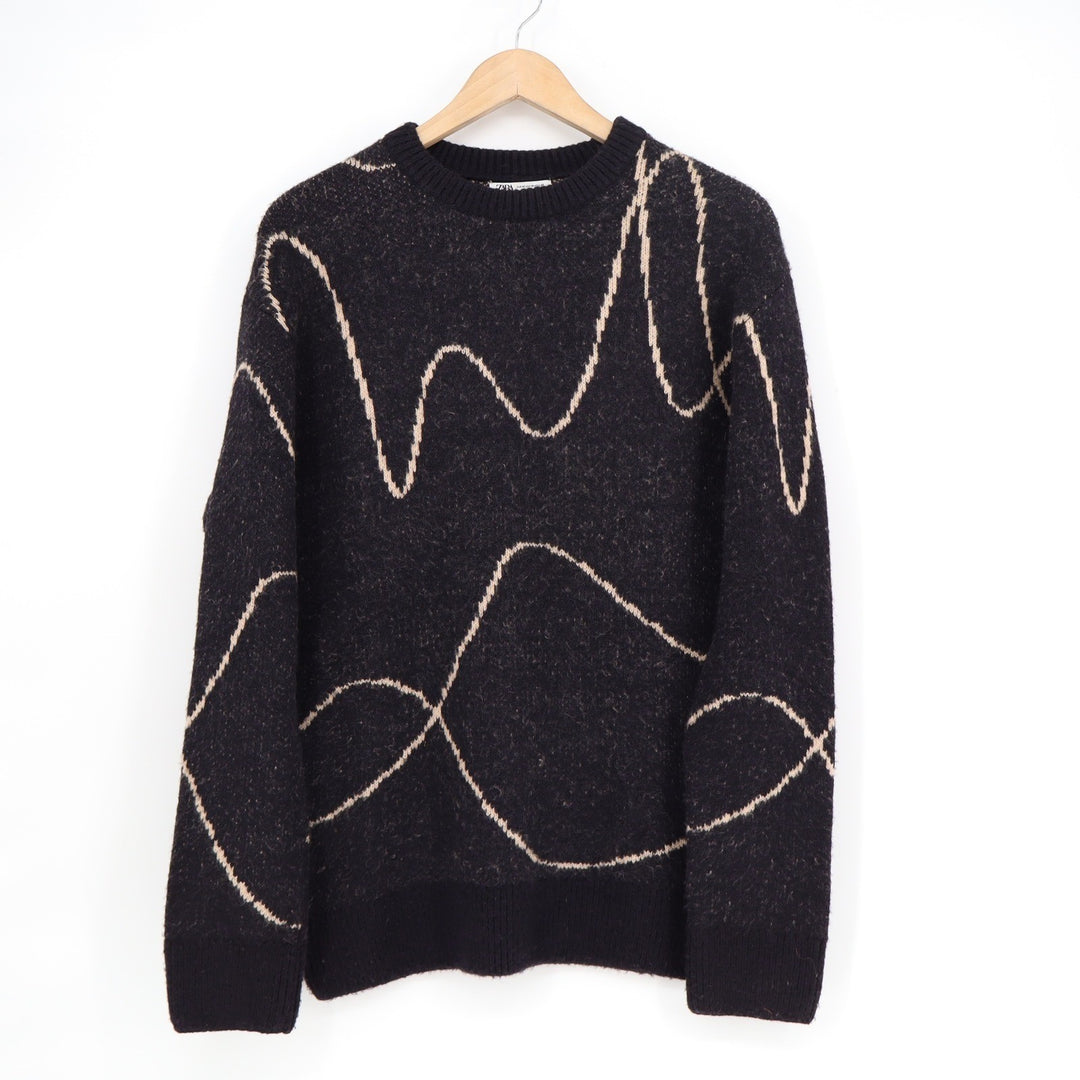 Zara Mens Abstract Wavy Line Knit Sweater Black Tan Crew Neck Medium
