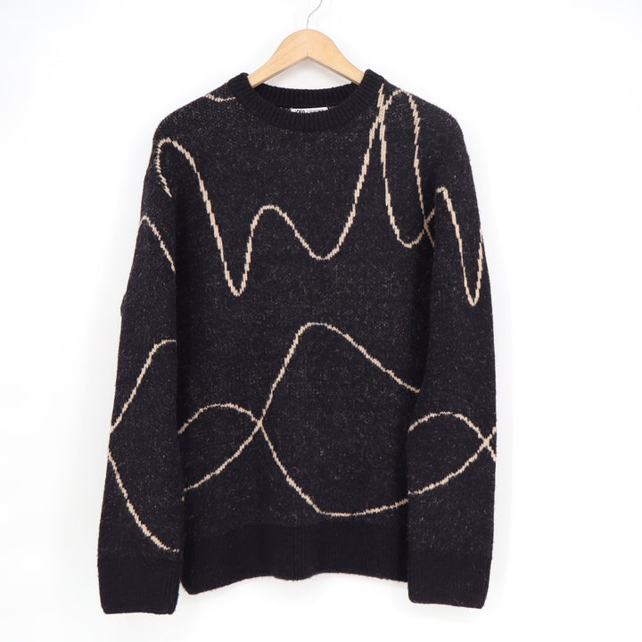 Zara Mens Abstract Wavy Line Knit Sweater Black Tan Crew Neck Medium