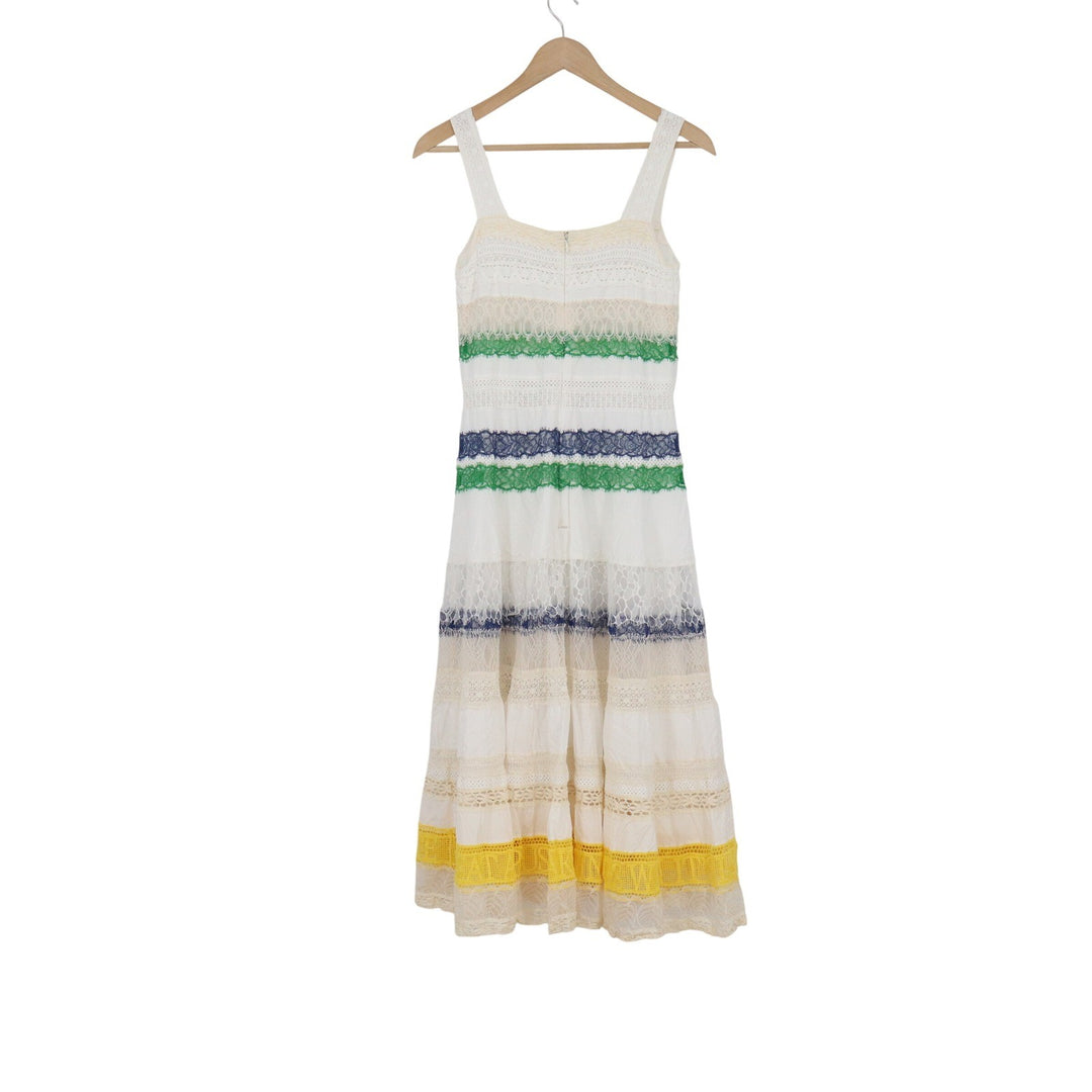 Tory Burch White Lace Tiered Midi Dress Green Navy Yellow Women's Size 0