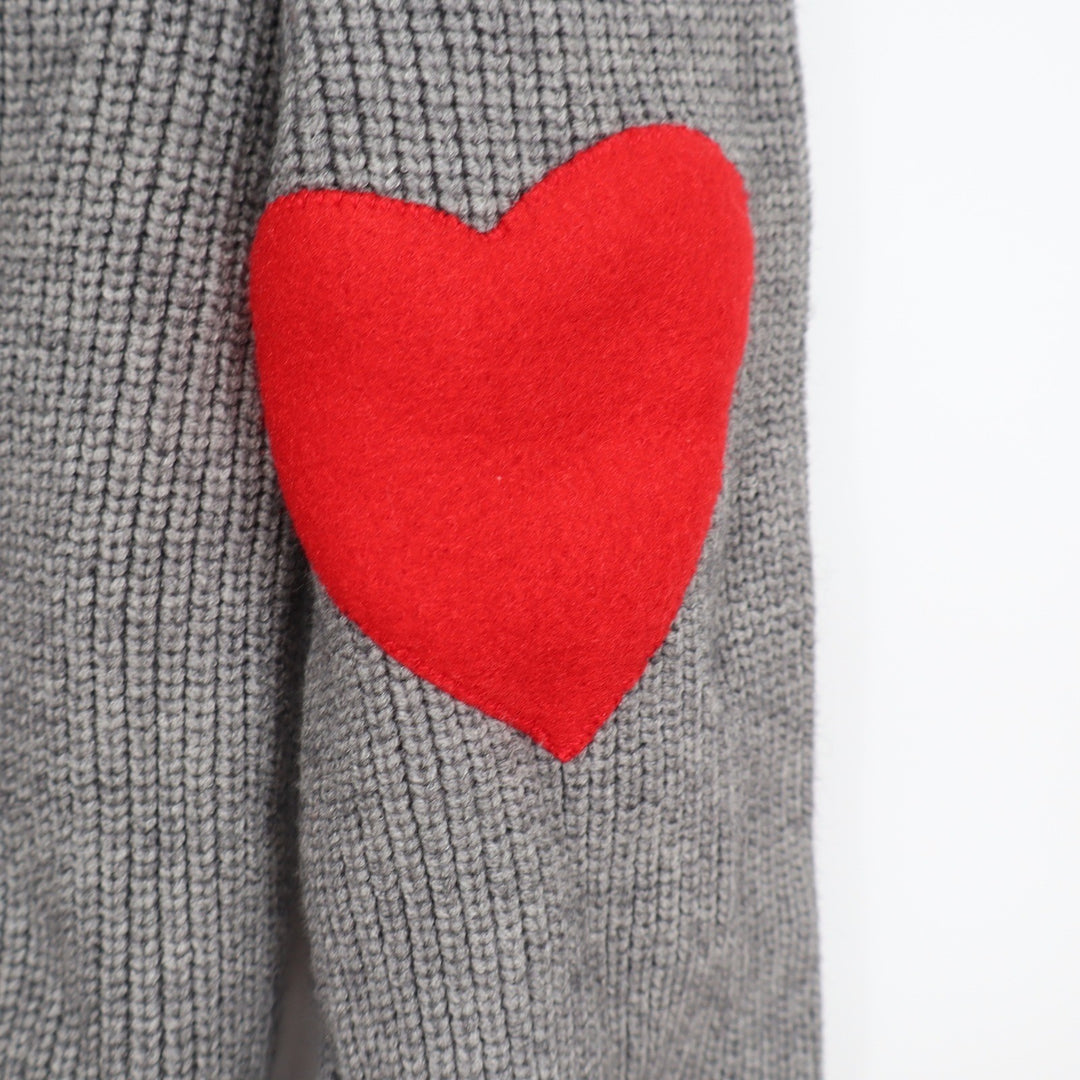 Chicwish Grey Ribbed Mock Neck Sweater Red Heart Elbow Patches Pullover Womens