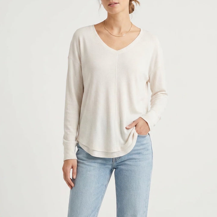 Gap Womens XL V-Neck Long Sleeve Top Off White Relaxed Fit Center Seam