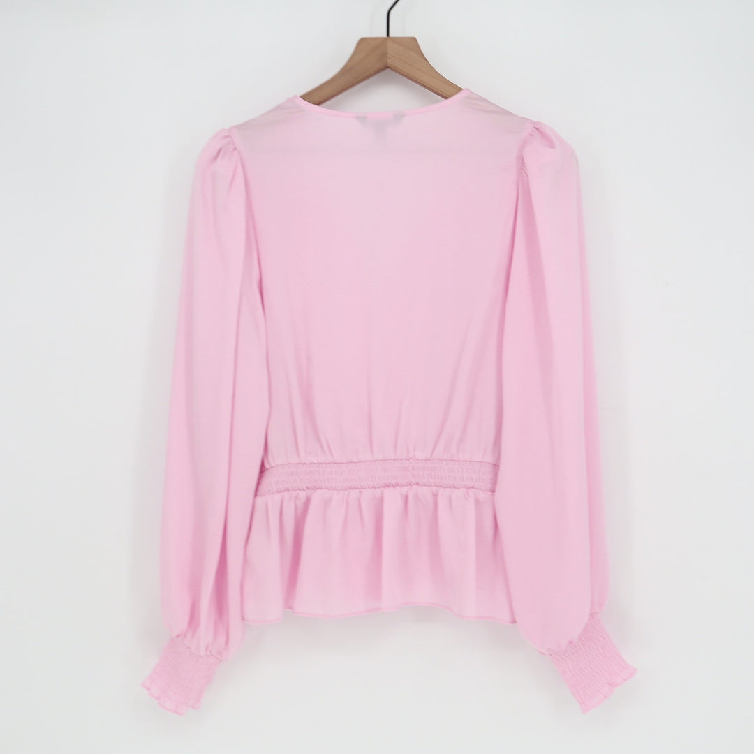 Express Pink Surplice Peplum Blouse Long Sleeve Smocked Cuff Top Size M